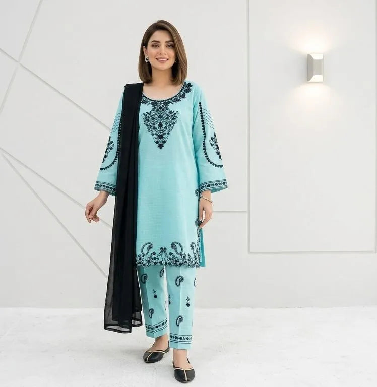 Blue Embroidered 3-Piece Cotton Lawn Suit with Chiffon Dupatta