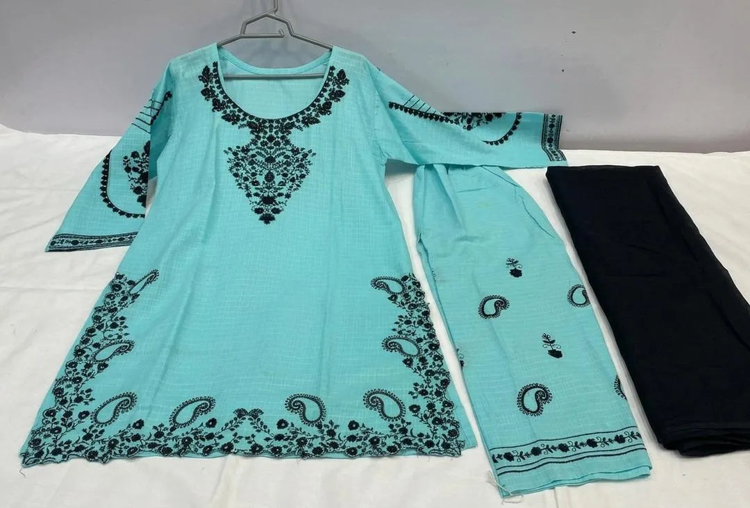 Blue Embroidered 3-Piece Cotton Lawn Suit with Chiffon Dupatta