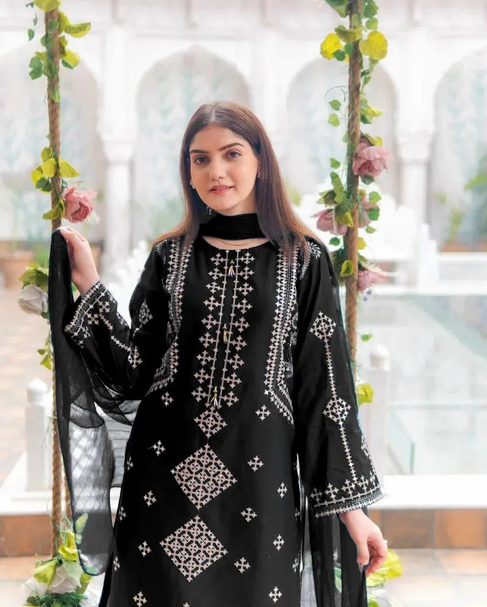 3 Pcs Women's Stitched Cotton Embroidered Suit