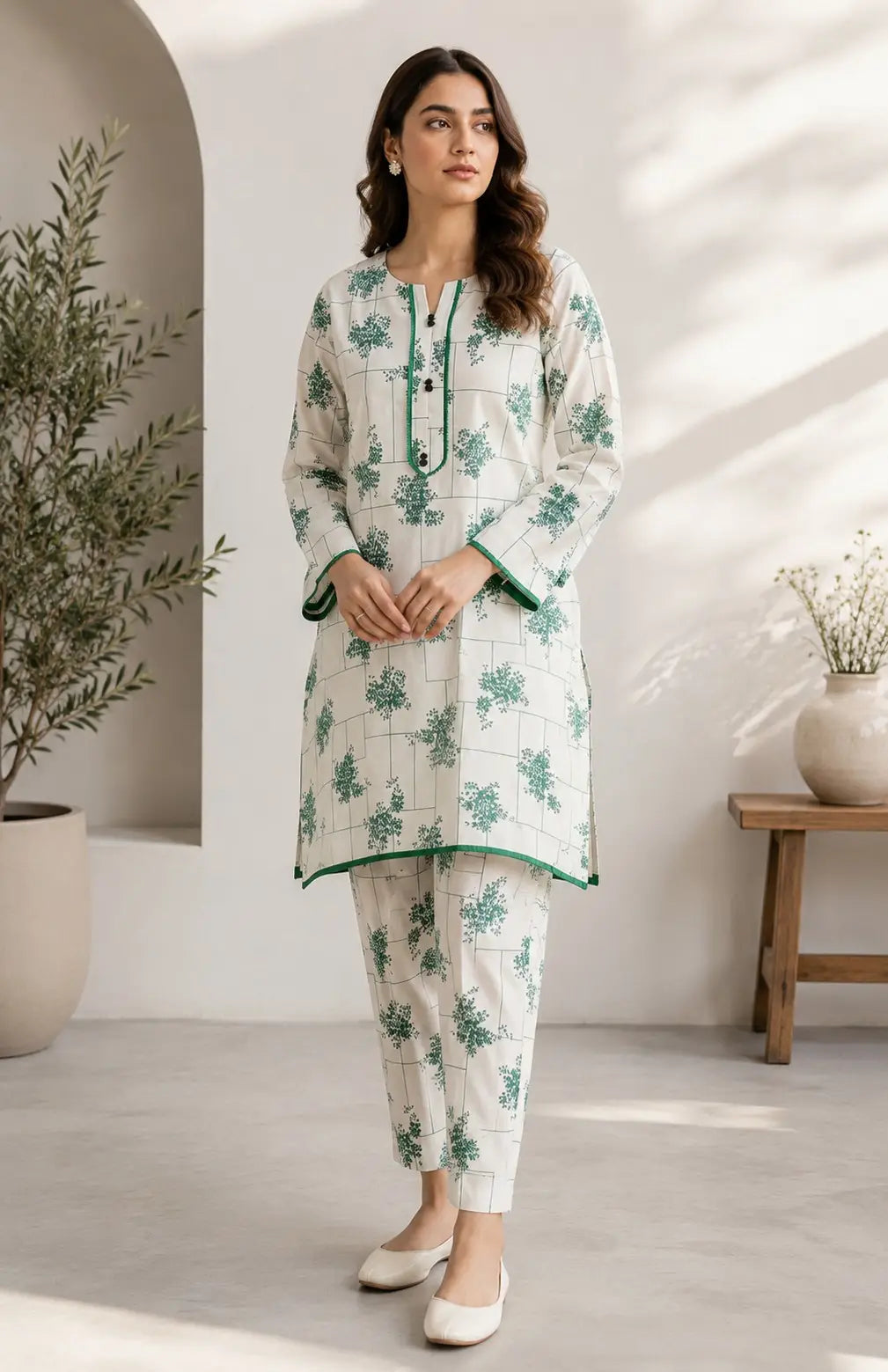 2 Pcs Women's Stitched Cotton Lawn Printed Shirt And Trouser
