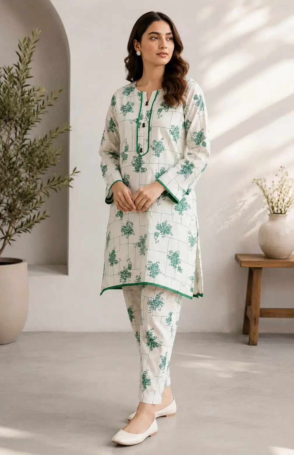2 Pcs Women's Stitched Cotton Lawn Printed Shirt And Trouser
