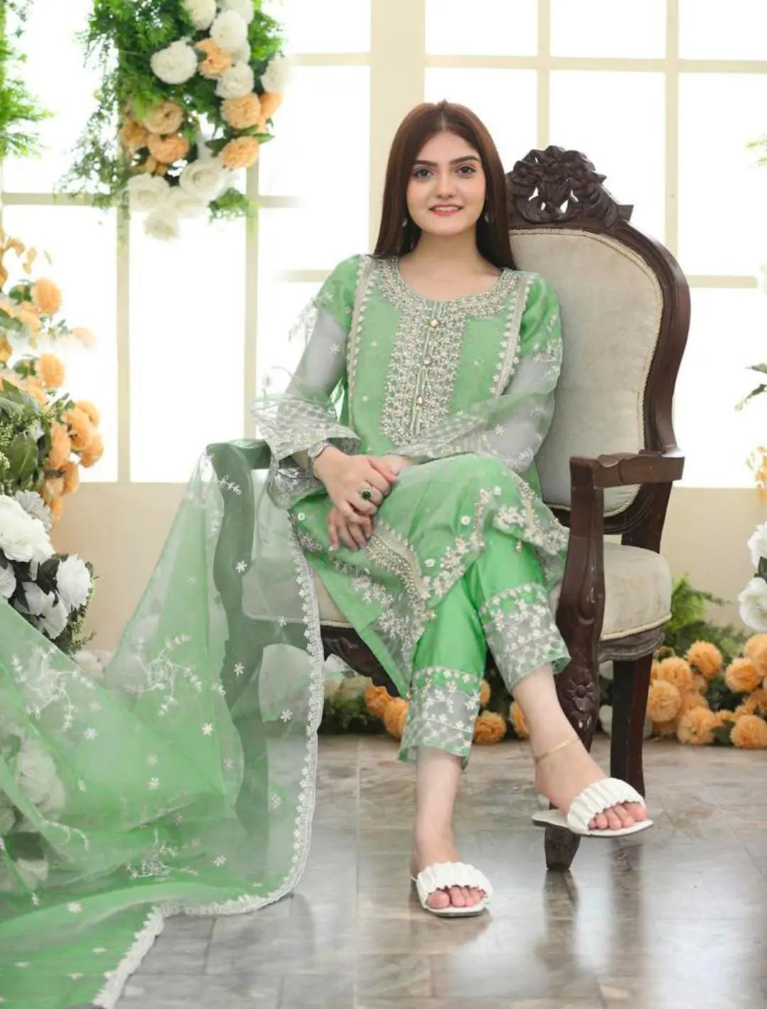 3 Pcs Embroidered Organza Suit for Women - Round Neck Style at One Spot