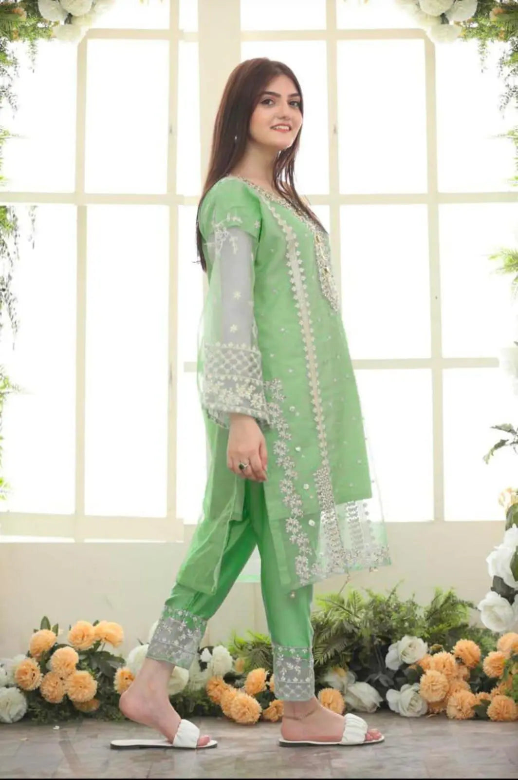 3 Pcs Embroidered Organza Suit for Women - Round Neck Style at One Spot