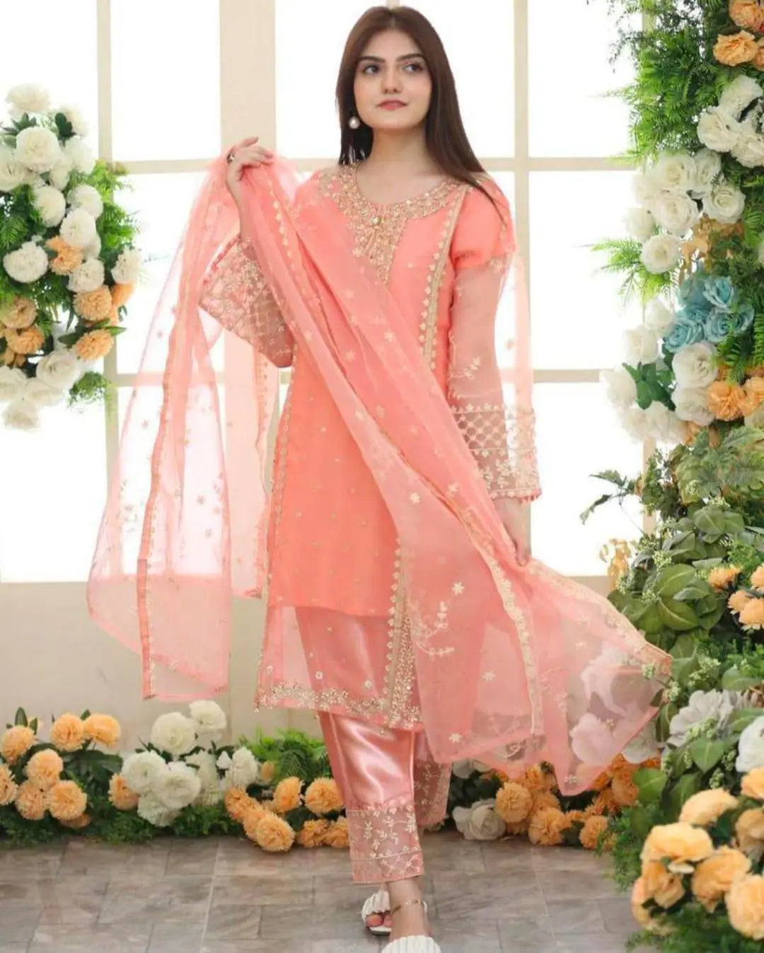 3 Pcs Embroidered Organza Suit for Women - Round Neck Style at One Spot