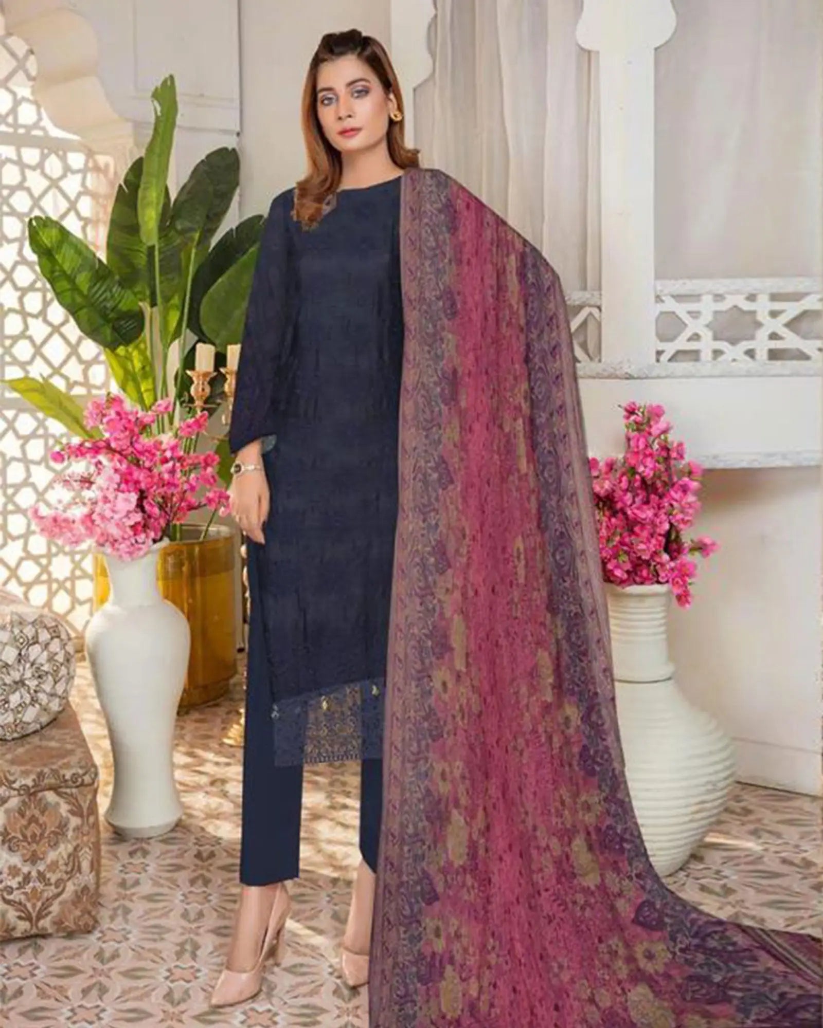 3 Pcs Women Unstitched Lawn Embroidered Suit at One Spot