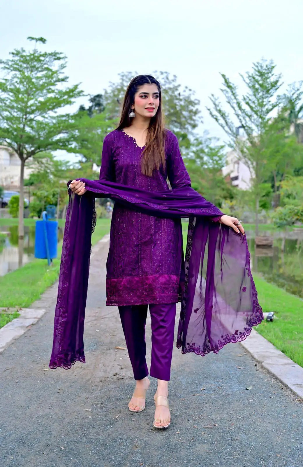 3 Pcs Women Unstitched Lawn Sequins Embroidered Suit at One Spot