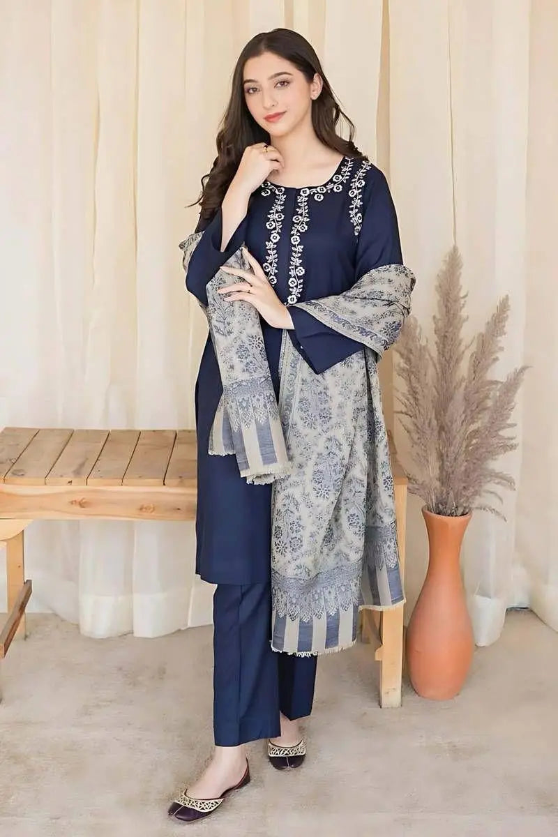 3 Pcs Women's Unstitched Embroidered Suit at One Spot