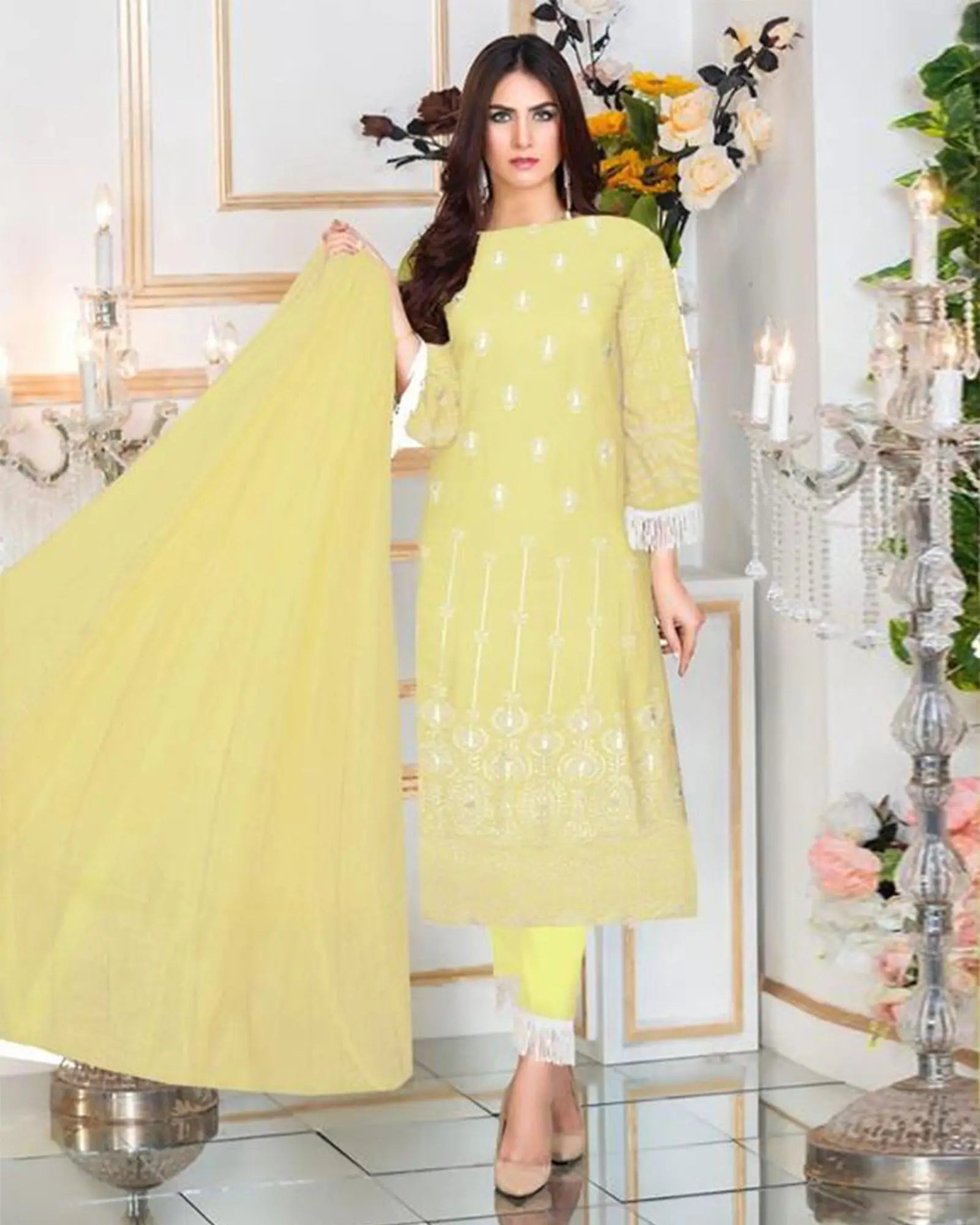 3 Pcs Women's Unstitched Lawn Embroidered Suit at One Spot