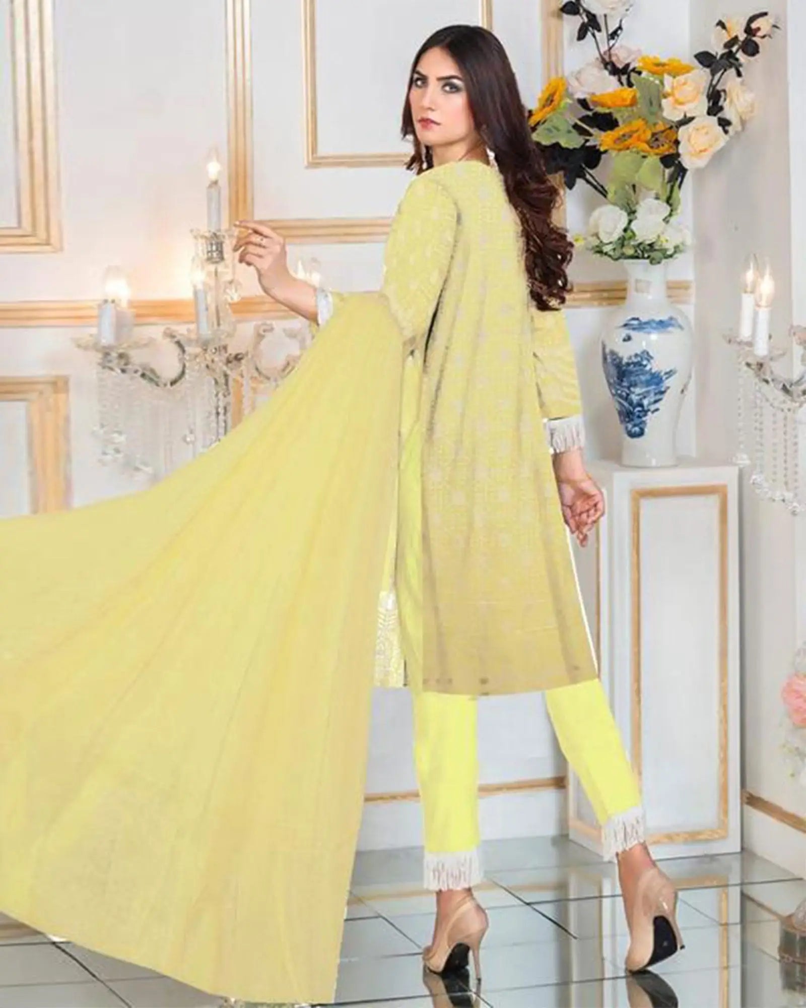 3 Pcs Women's Unstitched Lawn Embroidered Suit at One Spot