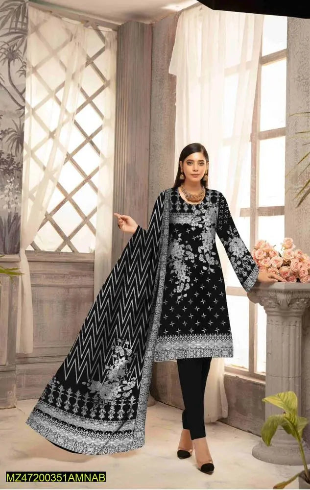 3 Pcs Women's Unstitched Lawn Printed Suit at One Spot