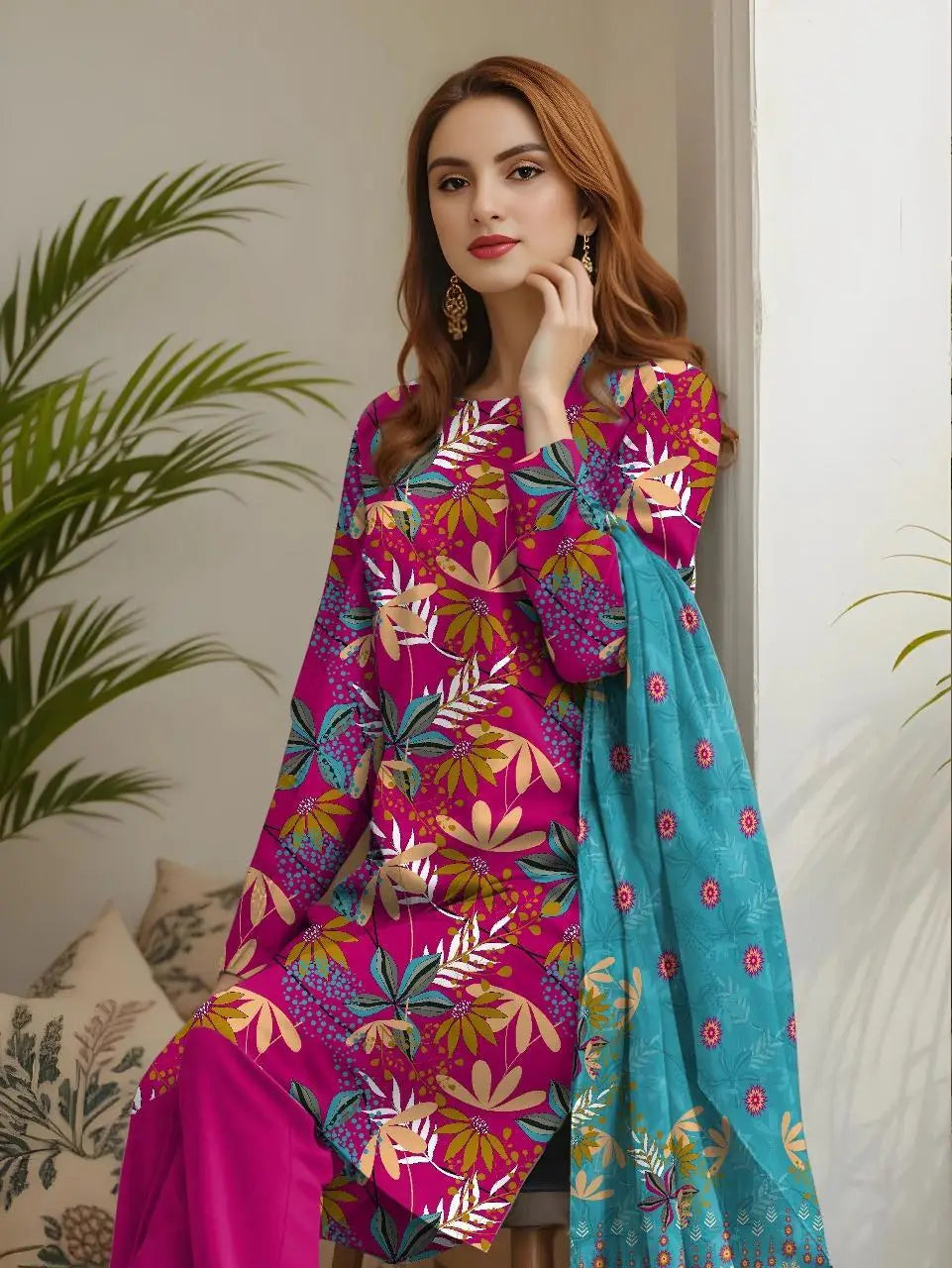 3 Pcs Women's Unstitched Printed Suit at One Spot