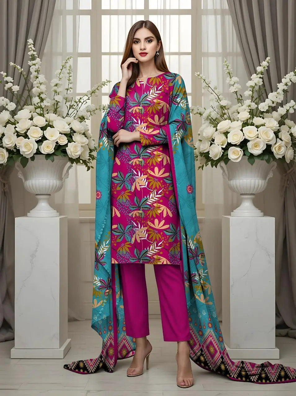 3 Pcs Women's Unstitched Printed Suit at One Spot
