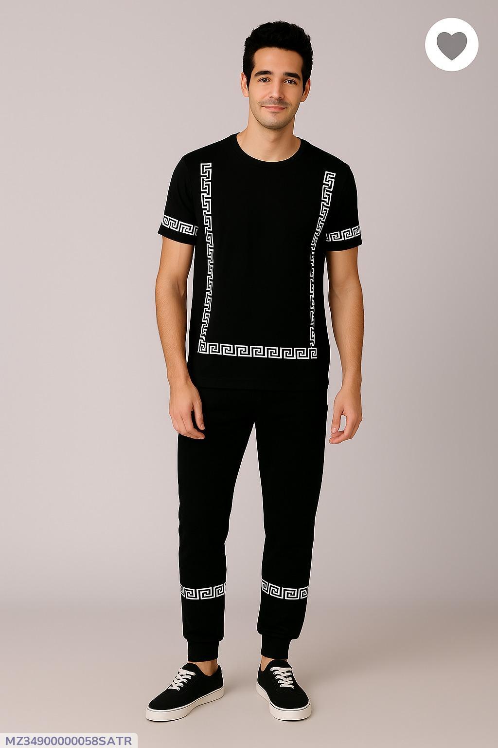 Men Black Greek Key Track Suit Slim Fit Eid Wear