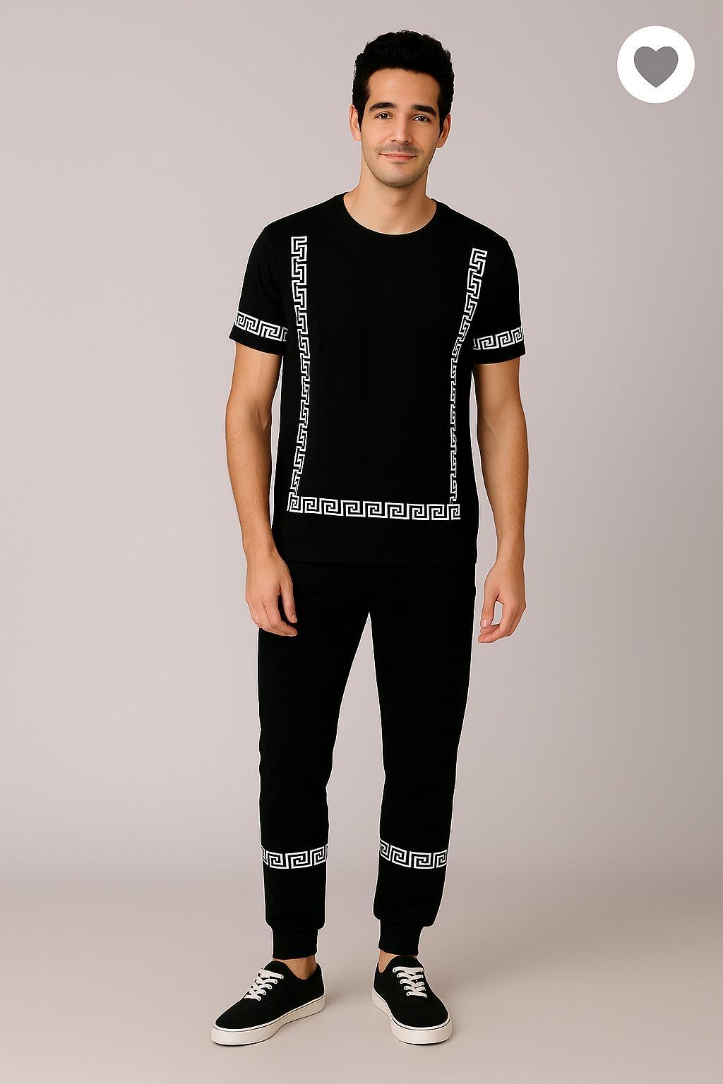 Men Black Greek Key Track Suit Slim Fit Eid Wear