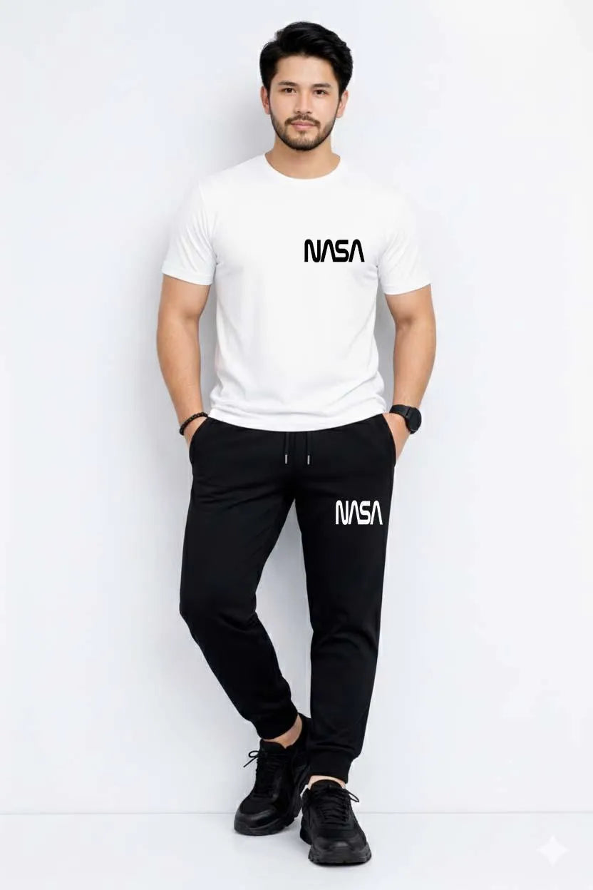 Men NASA Printed Track Suit White Black 2Pcs
