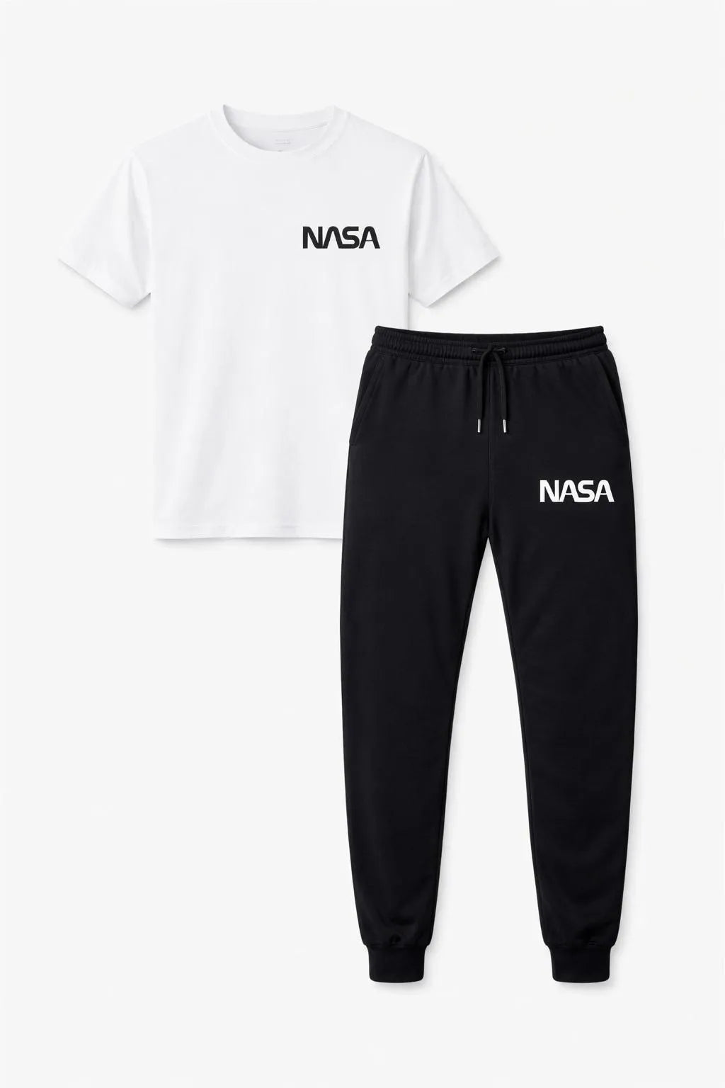 Men NASA Printed Track Suit White Black 2Pcs