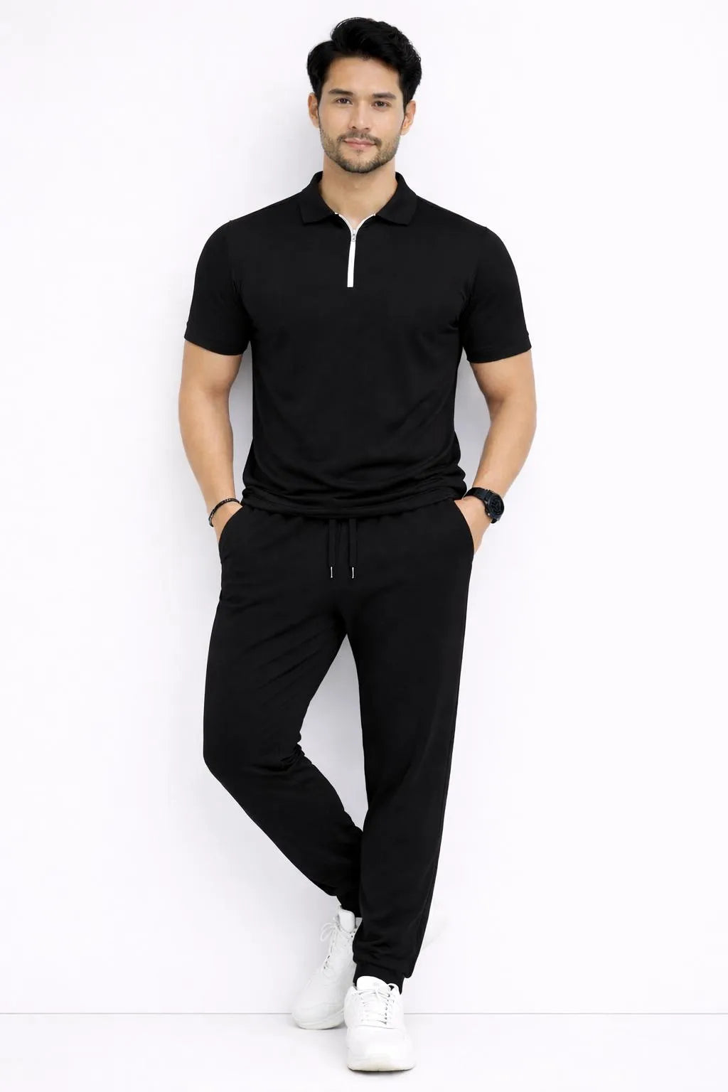 Men Black Slim Fit Track Suit with White Sneakers