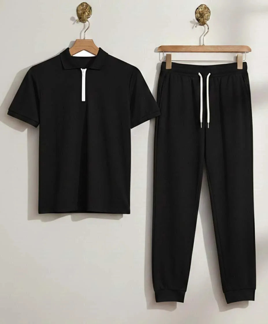 Men Black Slim Fit Track Suit with White Sneakers