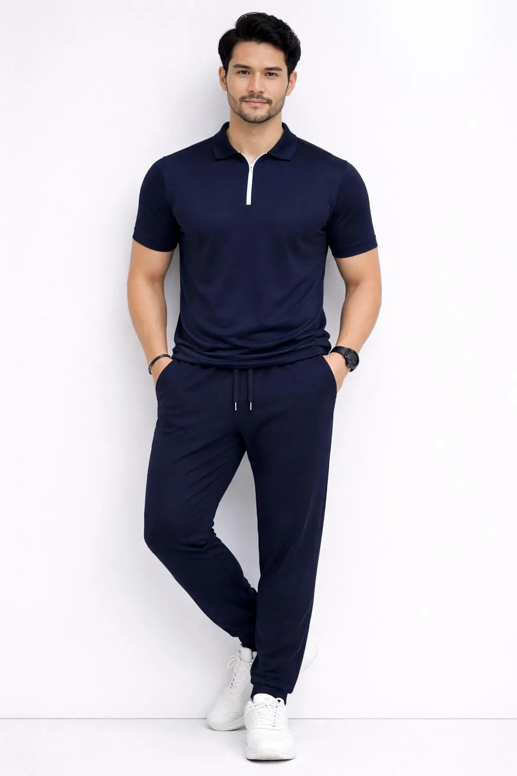 Men Navy Blue Slim Fit Track Suit Set Polyester