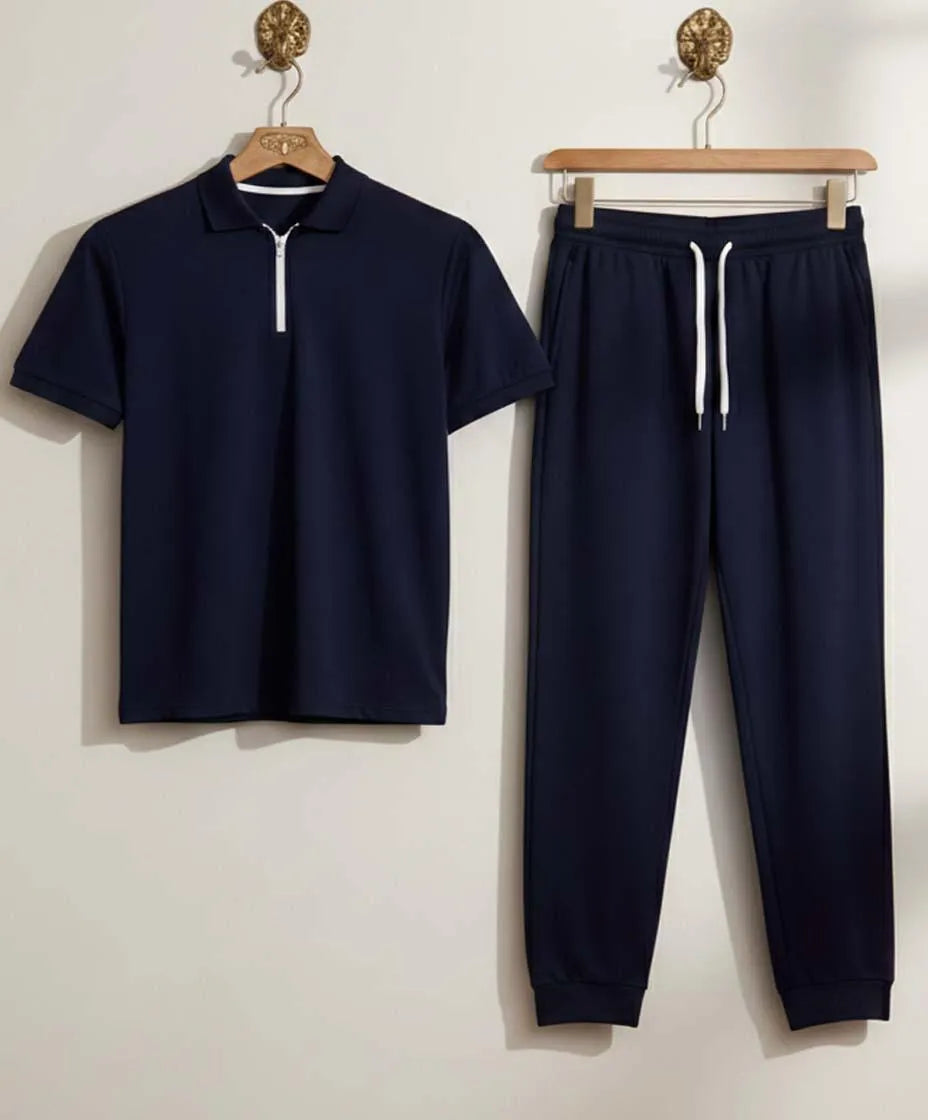 Men Navy Blue Slim Fit Track Suit Set Polyester