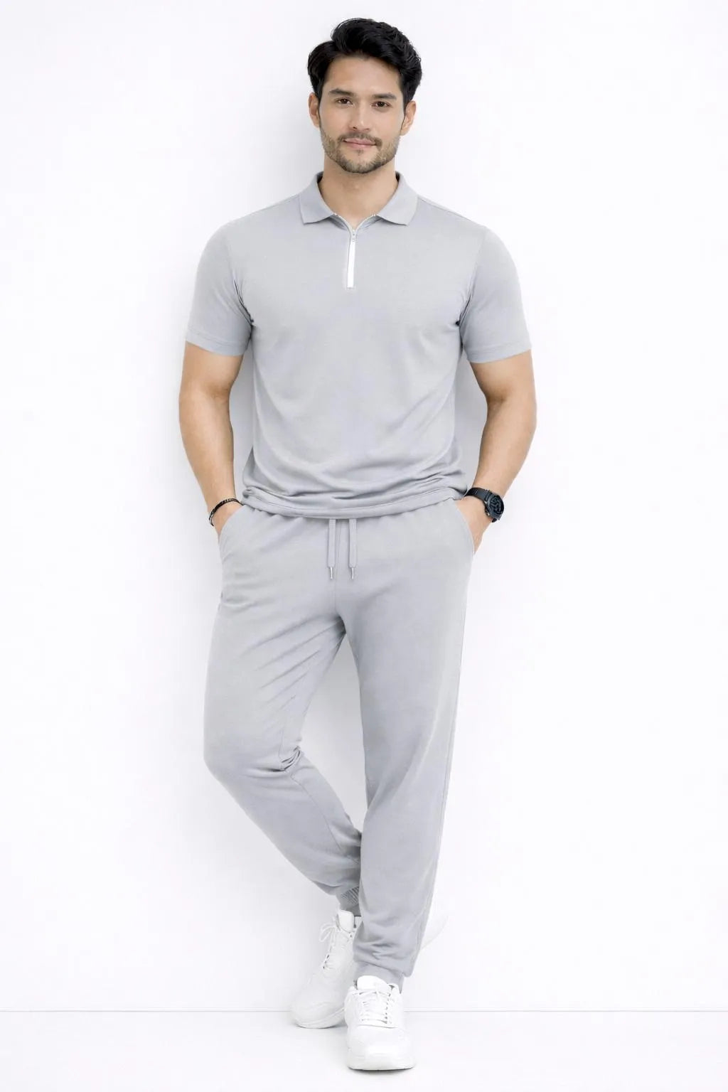 Men Grey Polyester Slim Fit Track Suit Set with Polo Shirt