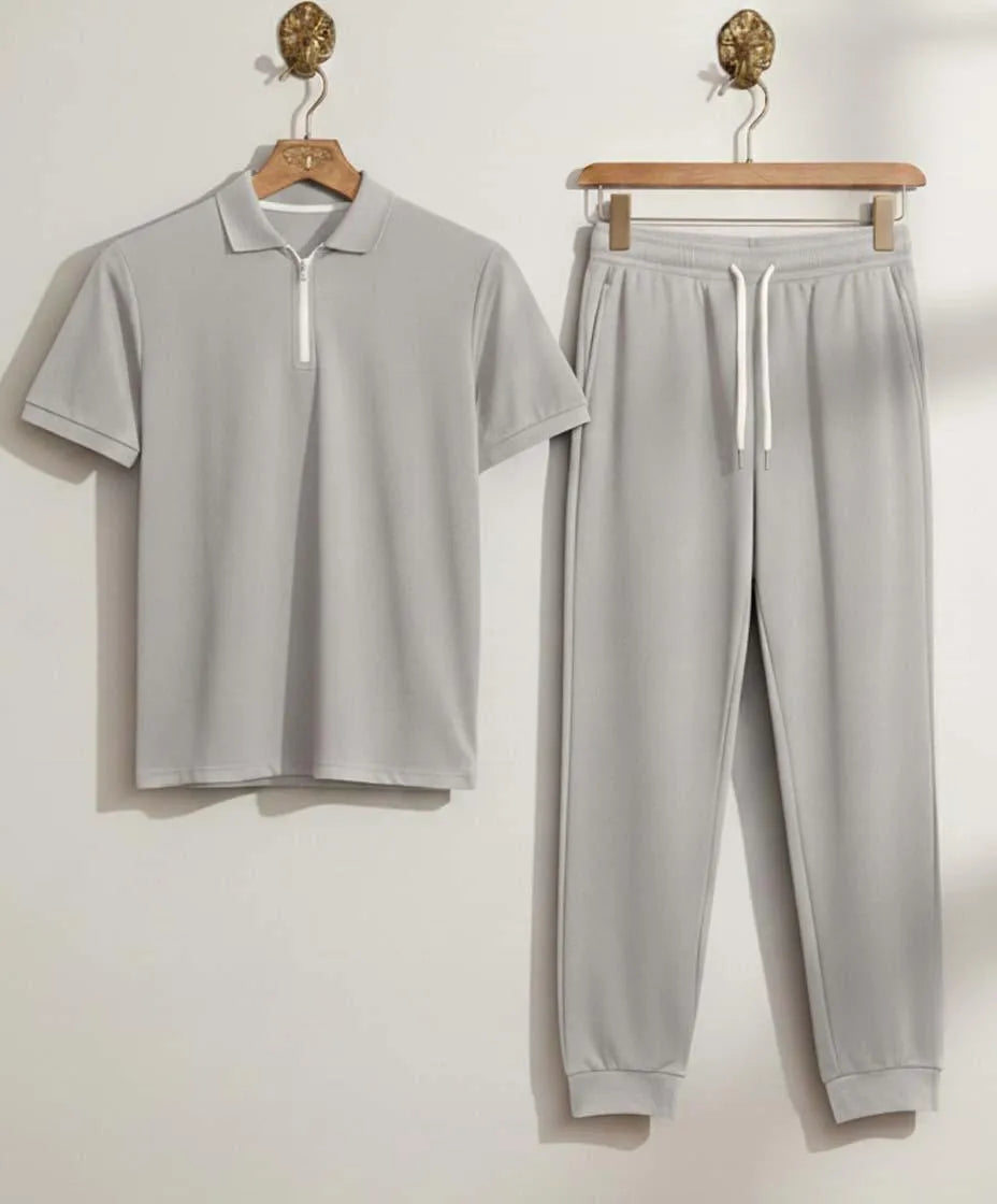 Men Grey Polyester Slim Fit Track Suit Set with Polo Shirt