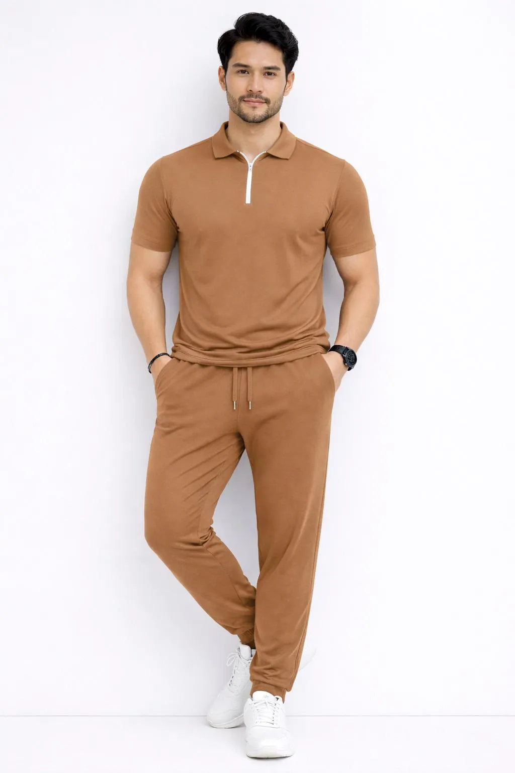 Men Brown Polyester Slim Fit Track Suit Set