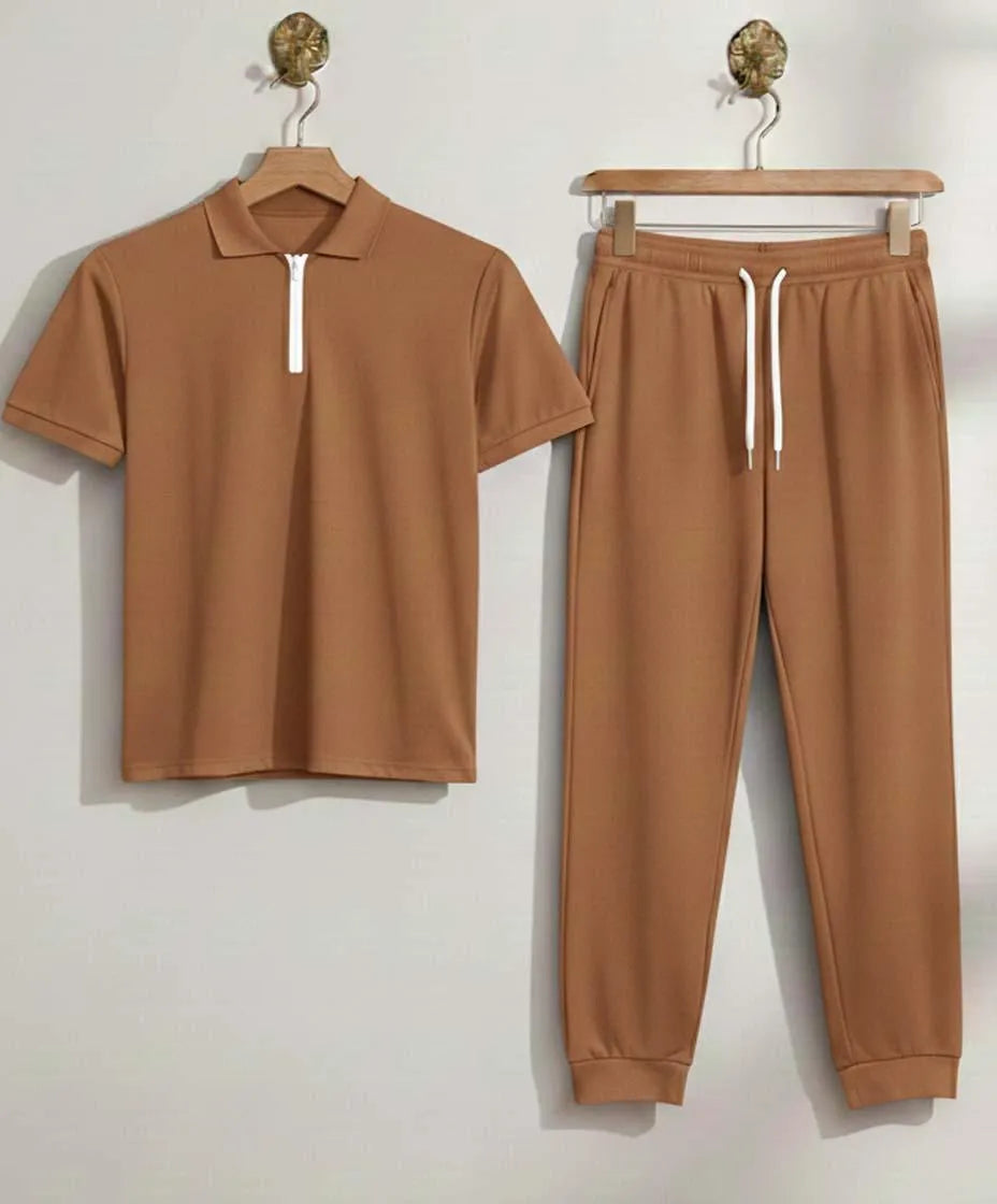 Men Brown Polyester Slim Fit Track Suit Set