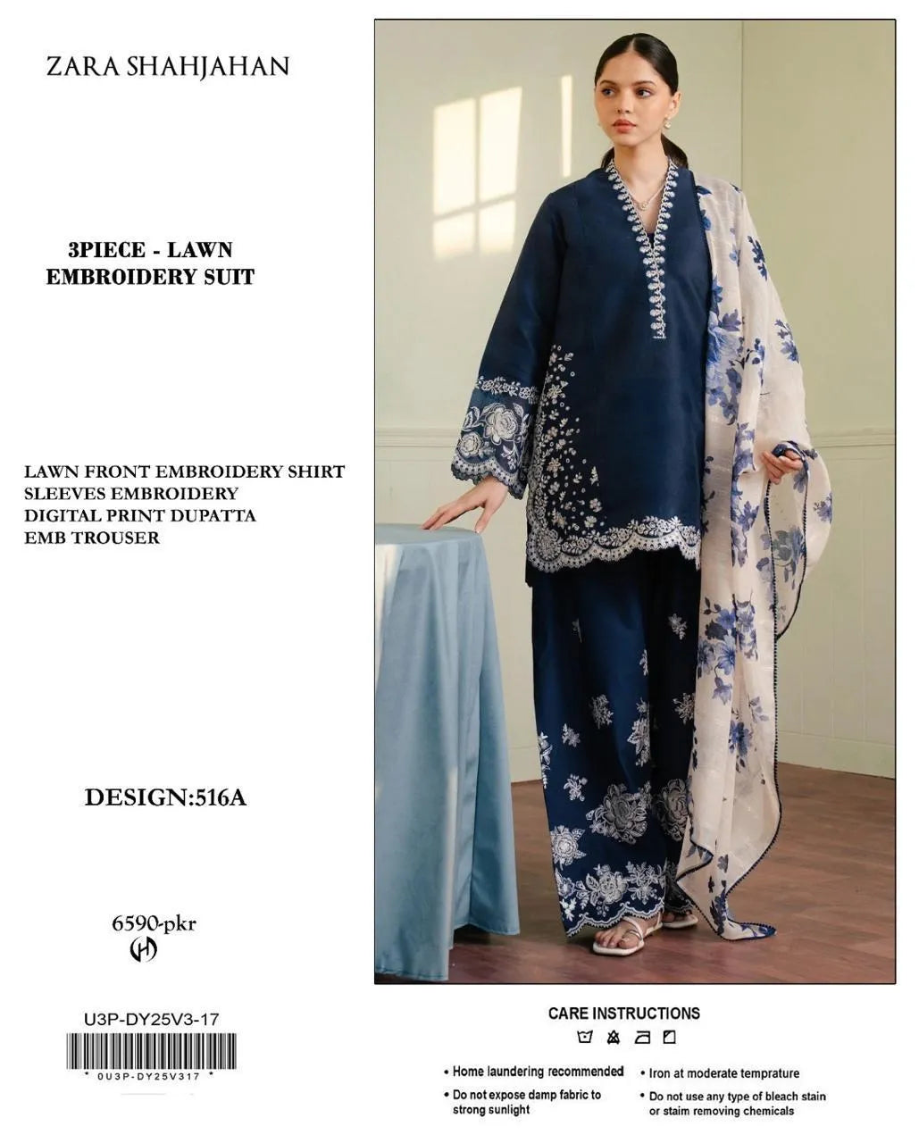 Blue Embroidered 3-Piece Lawn Suit for Weddings Eid
