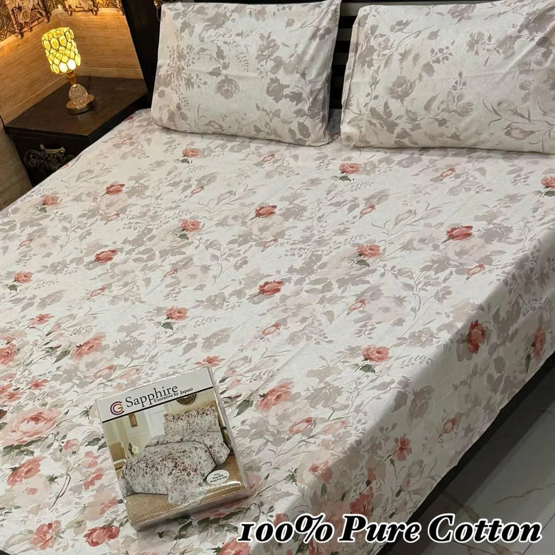 3 Pcs Cotton Printed Double Bedsheet