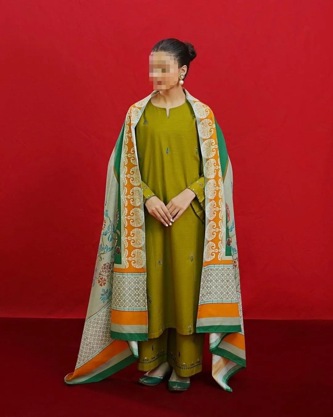 Mustard Embroidered 3 Pcs Women Suit with Pashmina Dupatta