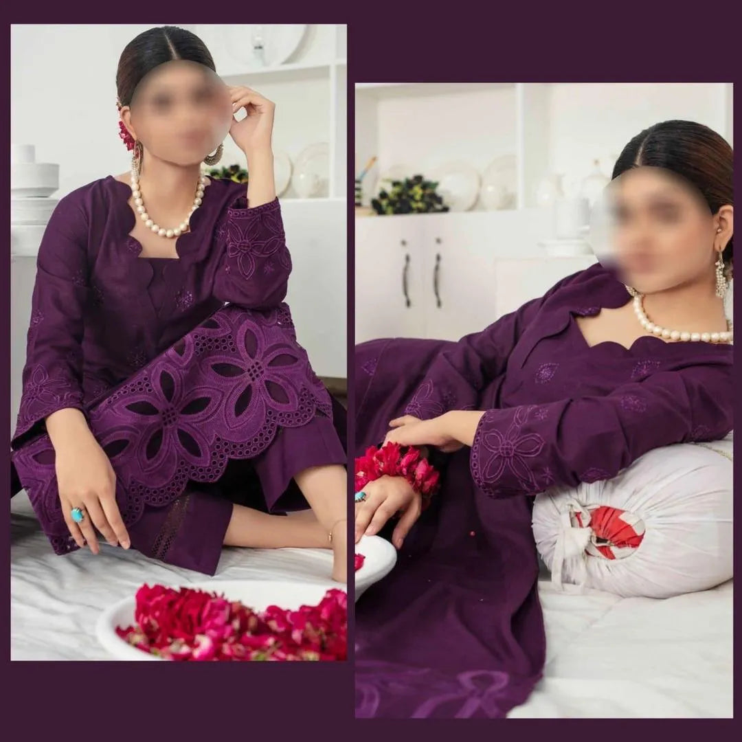 Purple Chikankari 3-Piece Unstitched Suit for Weddings Eid