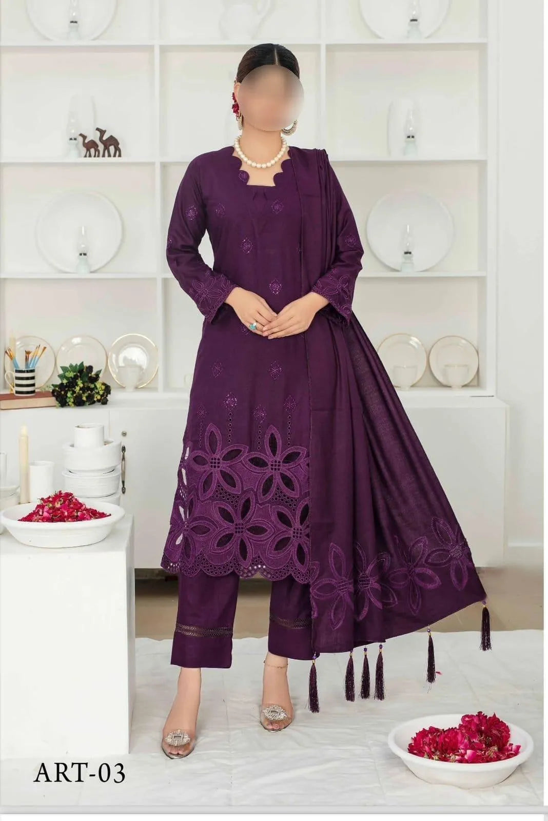 Purple Chikankari 3-Piece Unstitched Suit for Weddings Eid