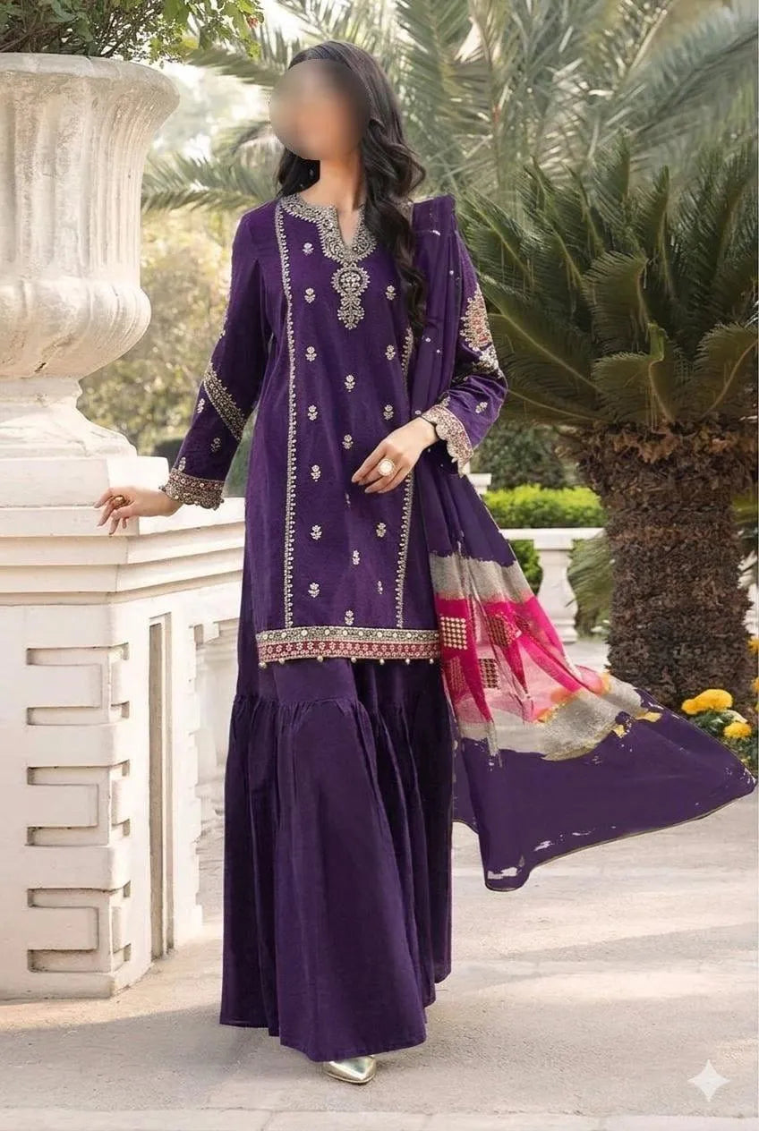 Purple Embroidered 3-Piece Lawn Suit for Eid & Weddings