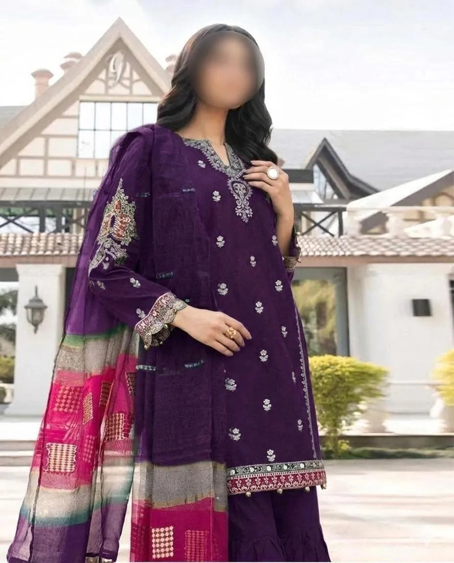 Purple Embroidered 3-Piece Lawn Suit for Eid & Weddings