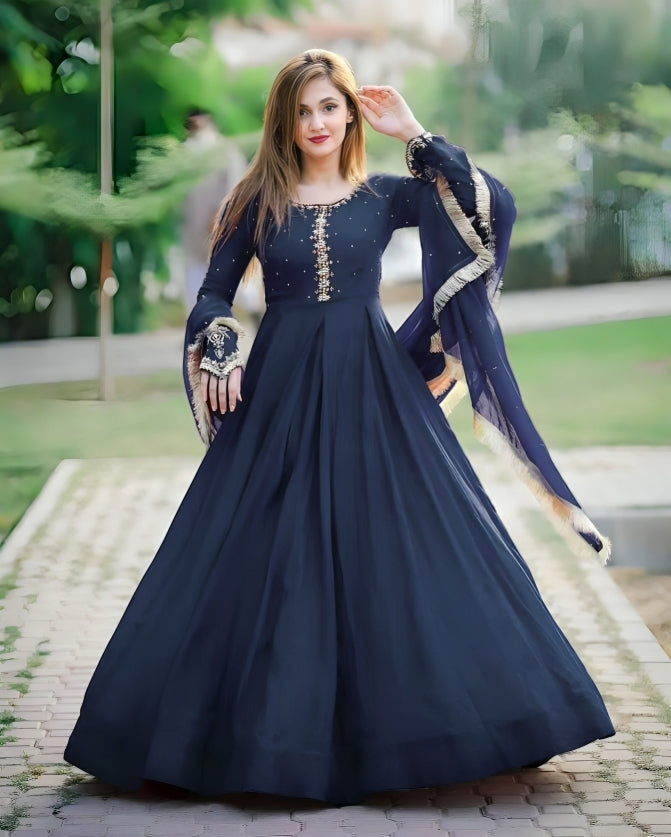 Elegant Blue Embroidered Chiffon Maxi Suit - 3 Pcs Set at One Spot