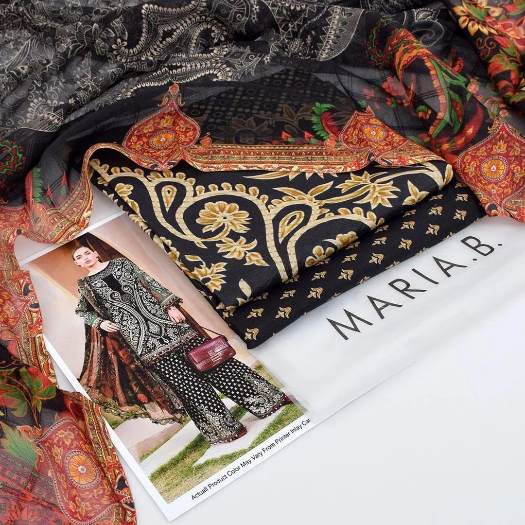 Pakistani Printed Lawn Suit Black White Patterned Set
