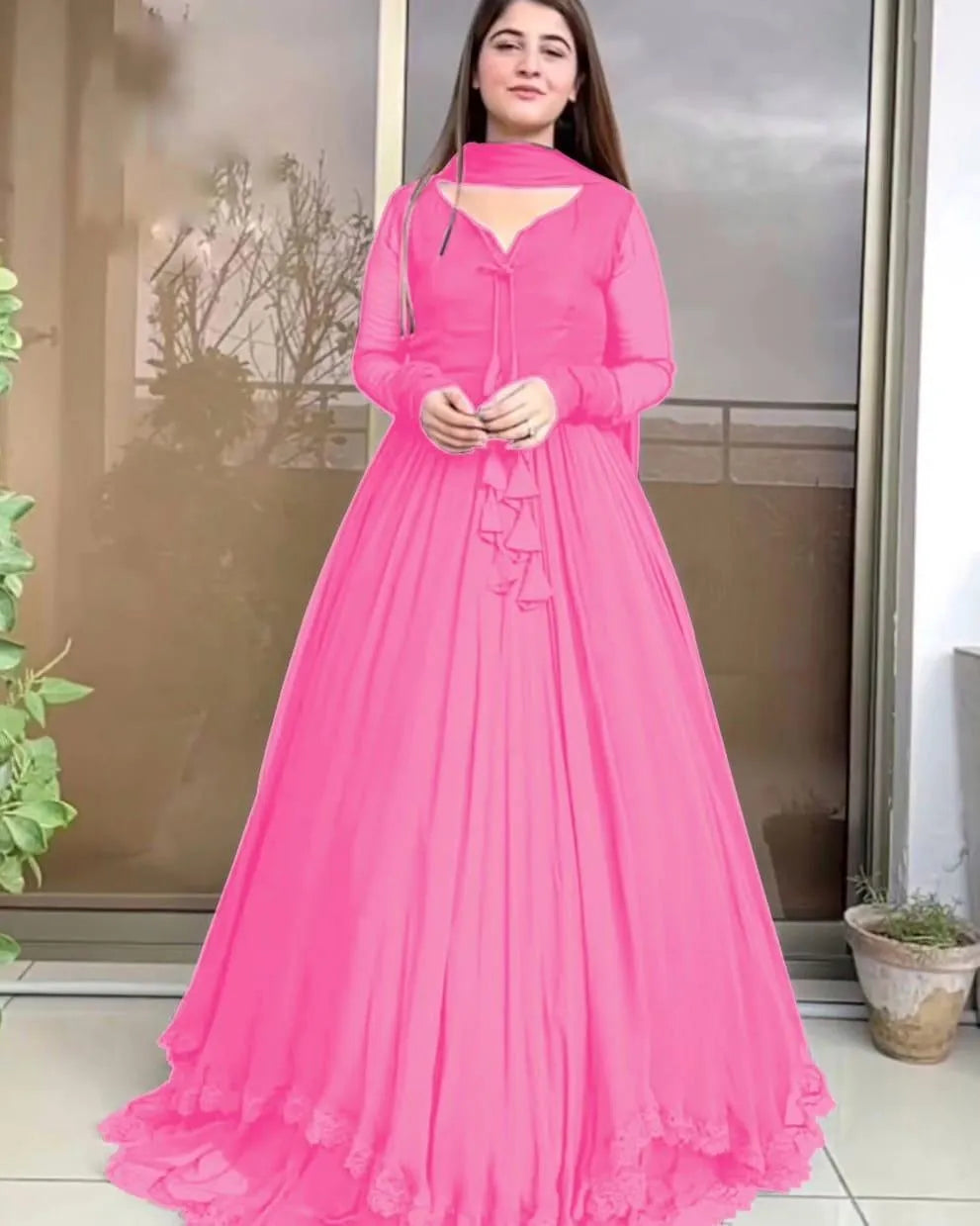 Pink Chiffon Tulle Maxi Suit 3 Pcs Set