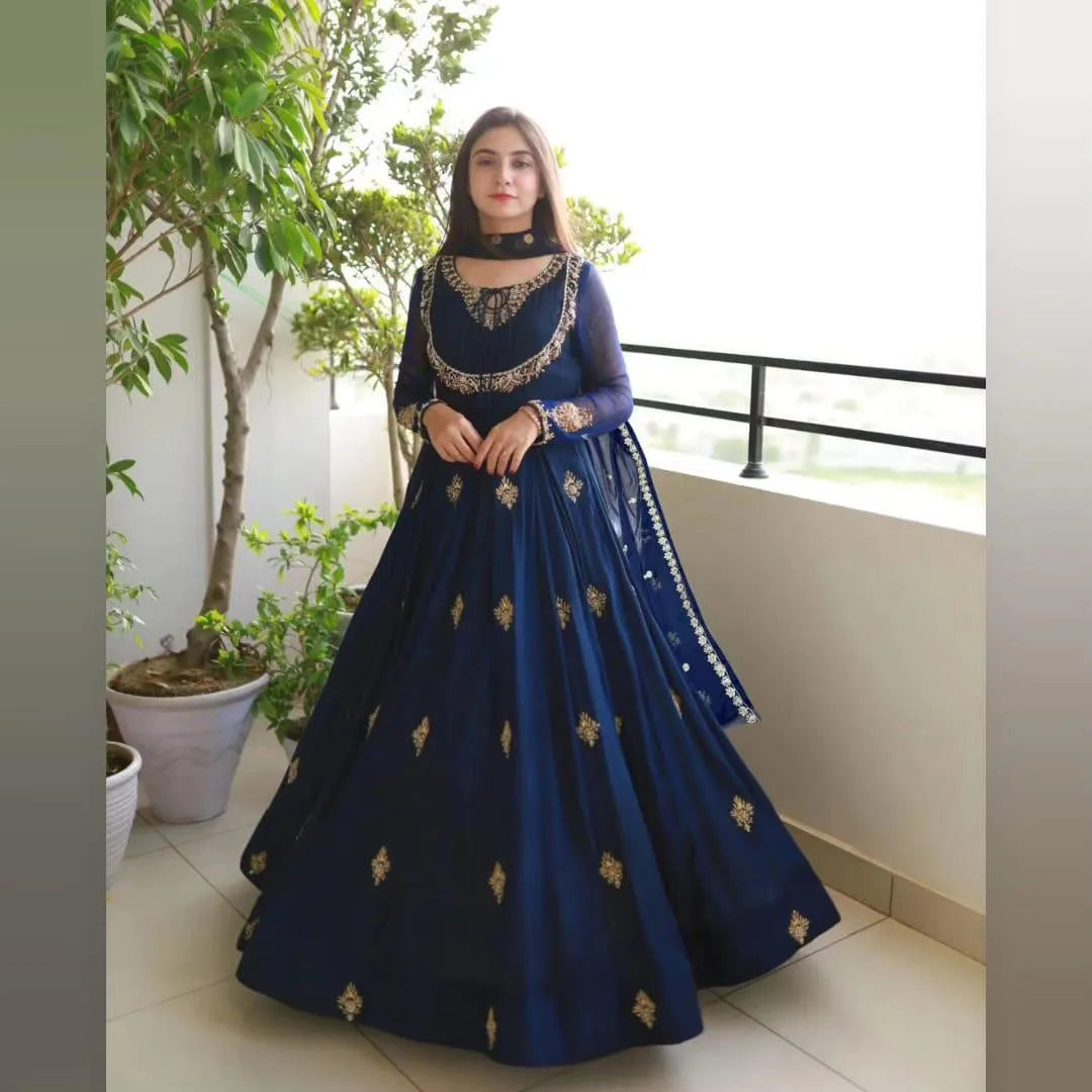 Blue Embroidered Chiffon Lehenga Set 3Pcs Party Wear