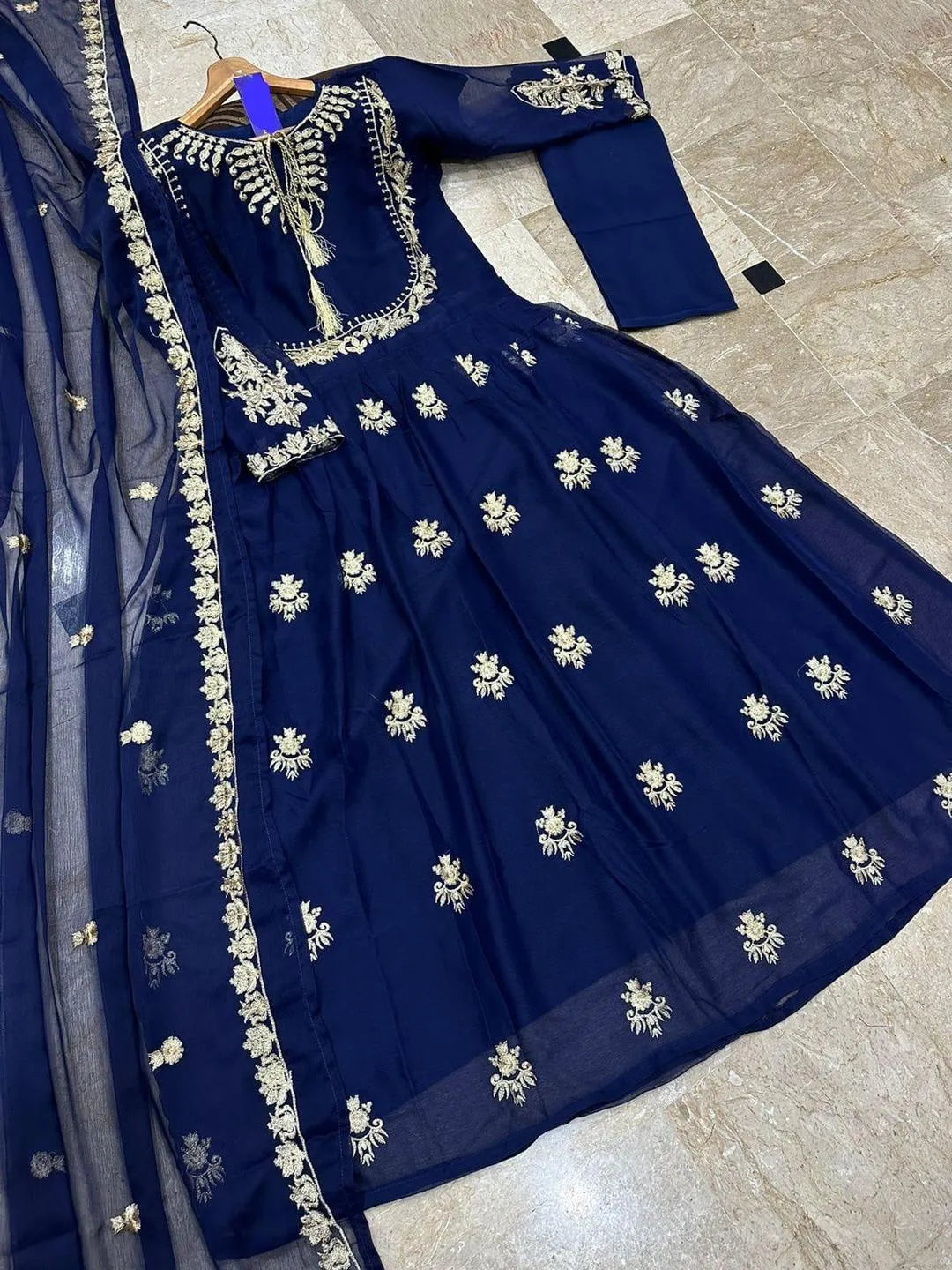 Blue Embroidered Chiffon Lehenga Set 3Pcs Party Wear