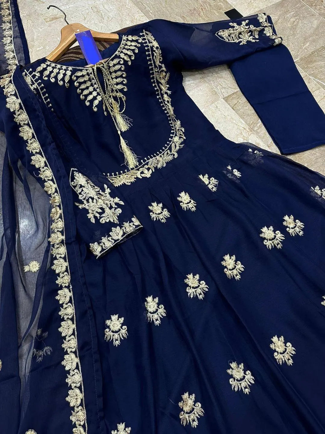 Blue Embroidered Chiffon Lehenga Set 3Pcs Party Wear