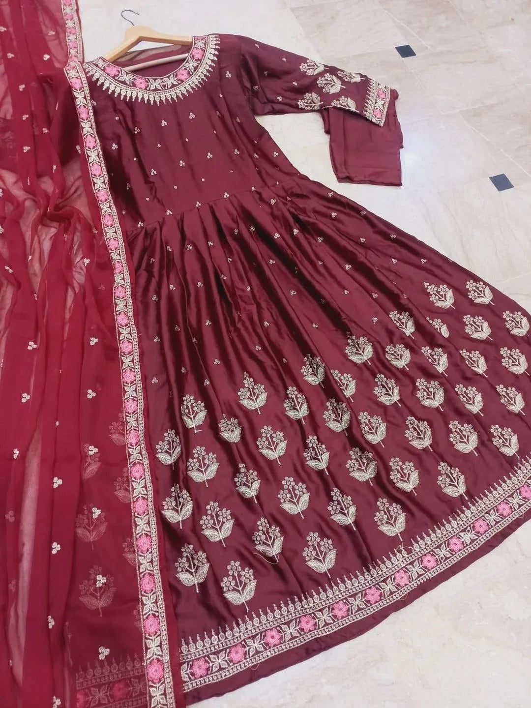 Maroon Embroidered Maxi Dress with Chiffon Dupatta