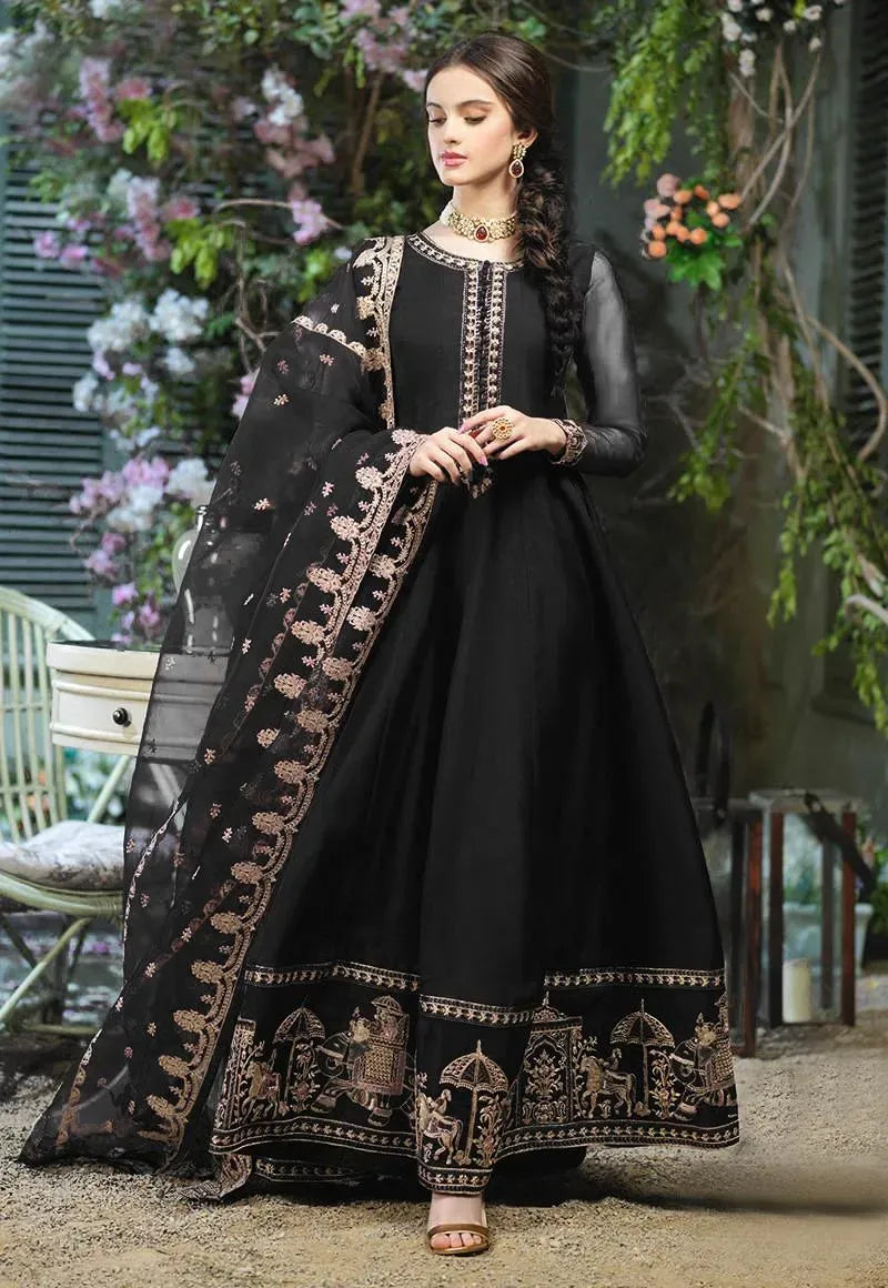 Black Embroidered Chiffon Maxi Set 3 Pcs for Women