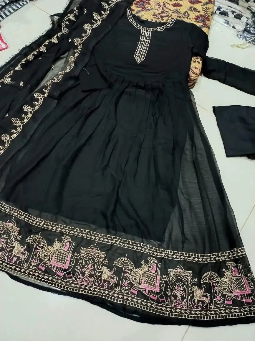 Black Embroidered Chiffon Maxi Set 3 Pcs for Women