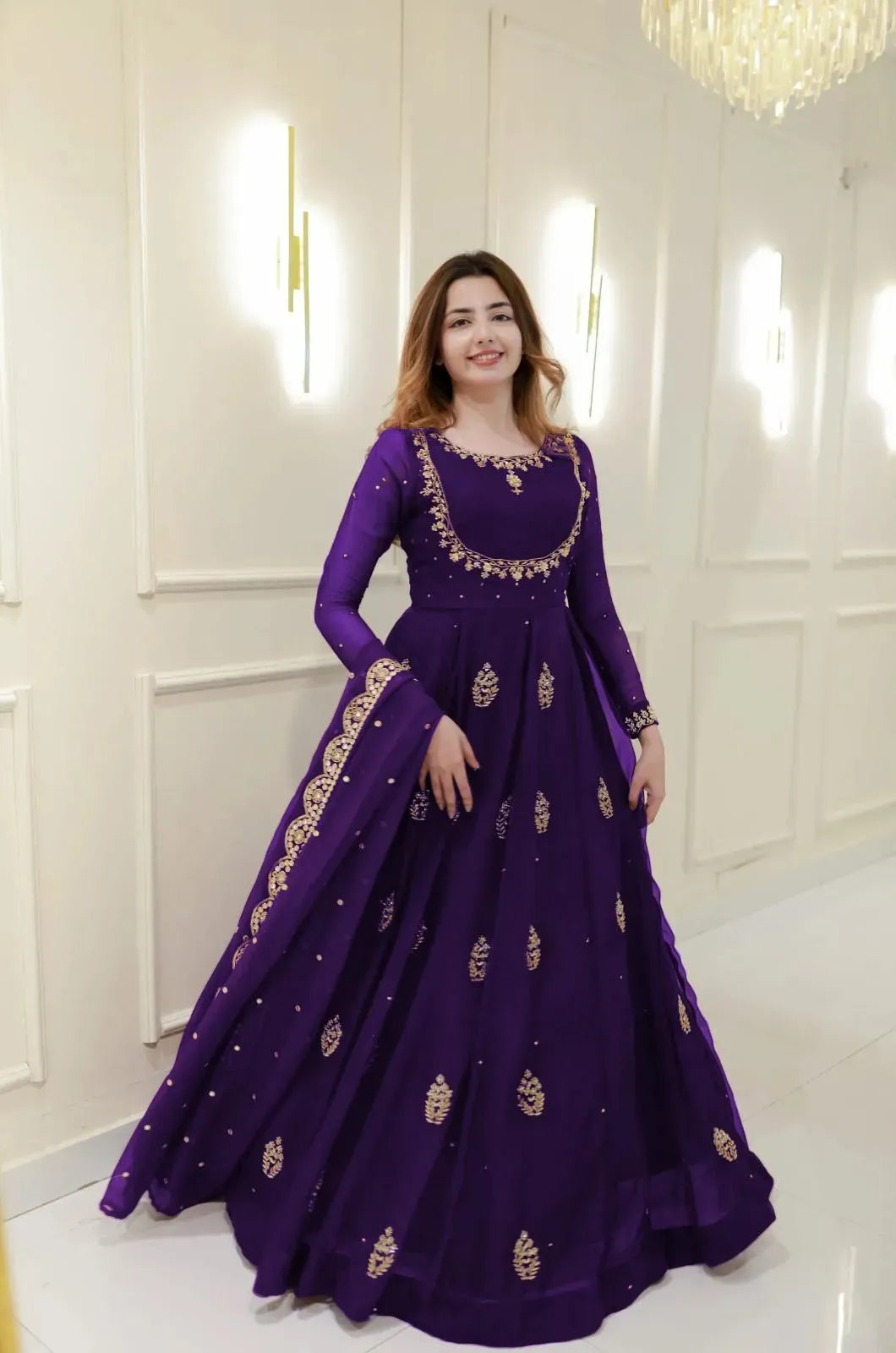 Purple Embroidered Lehenga Set for Women with Chiffon Dupatta