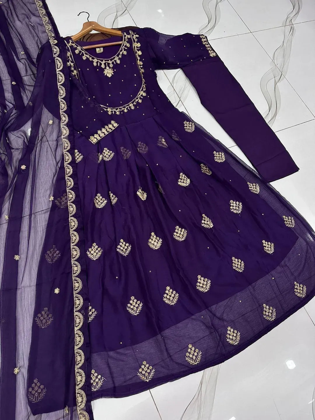 Purple Embroidered Lehenga Set for Women with Chiffon Dupatta