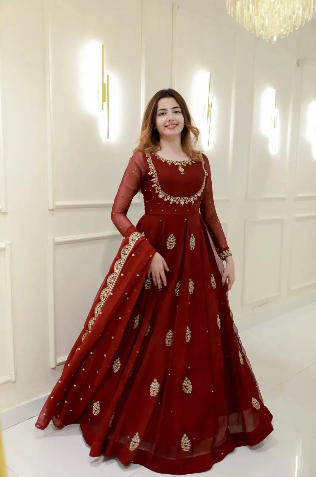 Maroon Embroidered Chiffon Maxi Set 3Pcs with Trouser & Dupatta