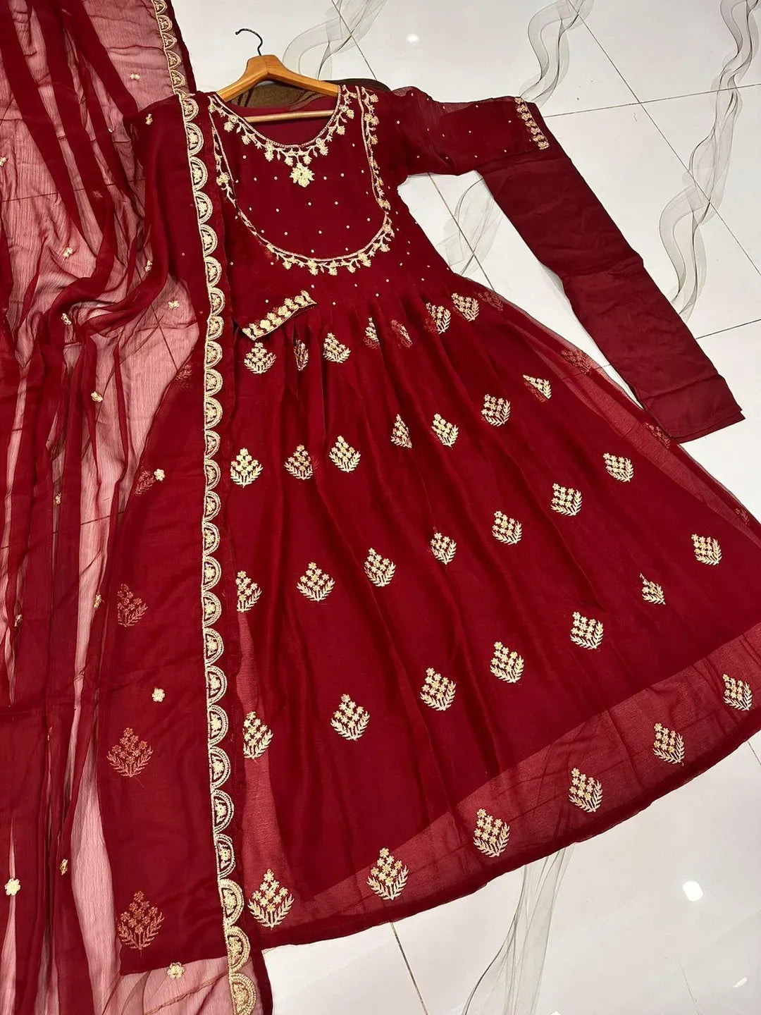 Maroon Embroidered Chiffon Maxi Set 3Pcs with Trouser & Dupatta