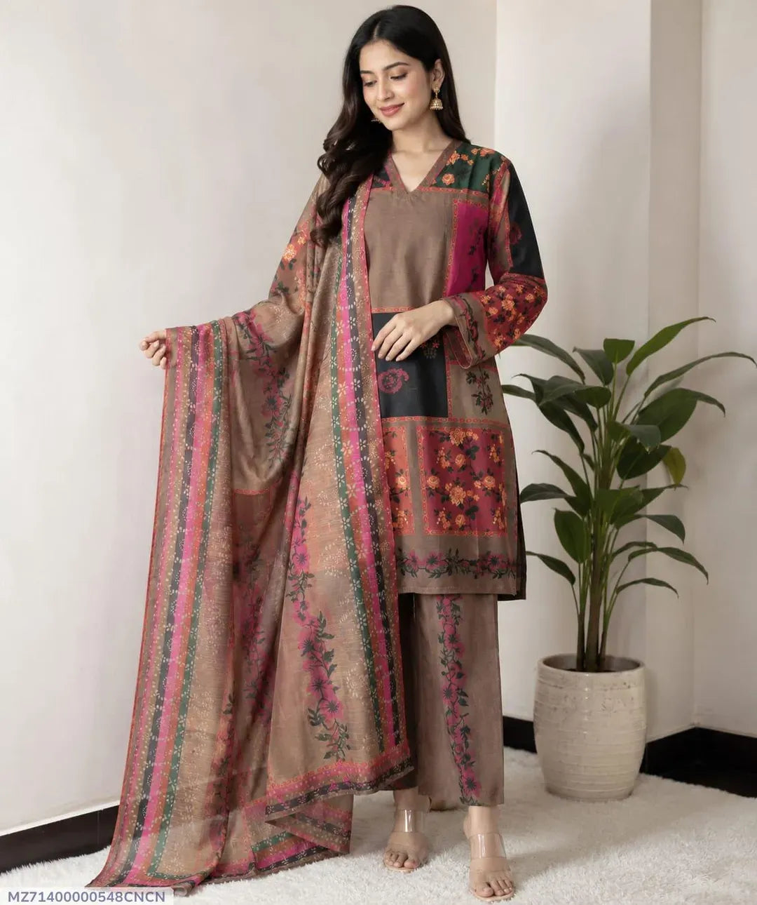Doria Lawn 3Pc Suit Brown Pink 21" Set