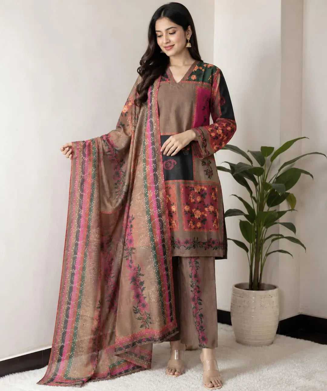 Doria Lawn 3Pc Suit Brown Pink 21" Set